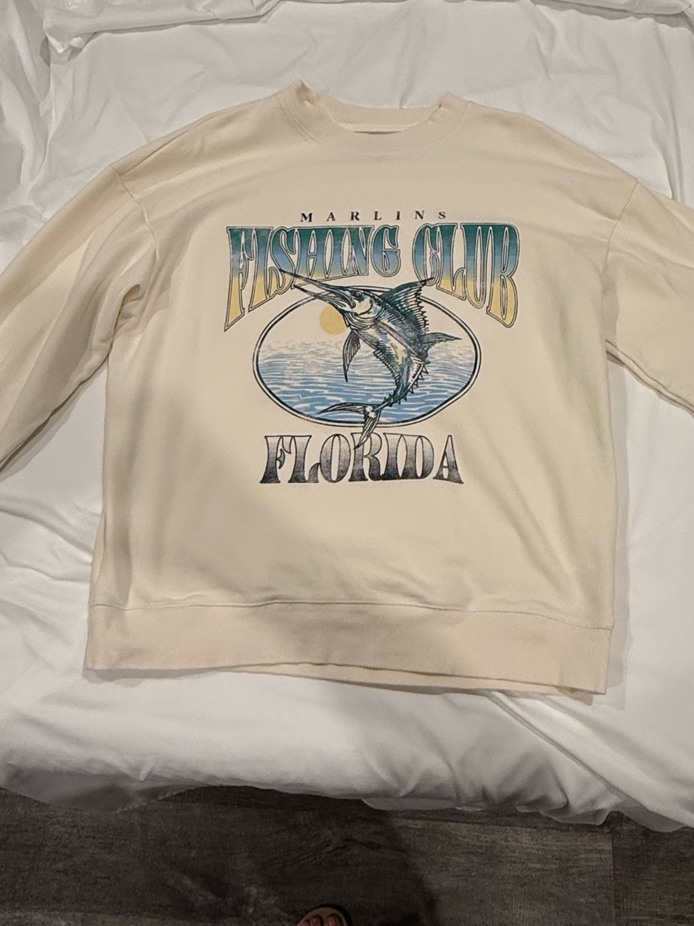 Mens Original Use Cream Marlins Fishing Club Graphic Crewneck